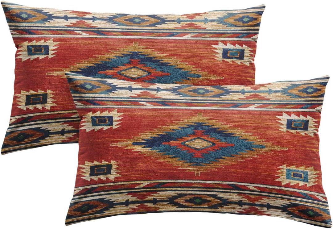 Britimes Throw Pillow Covers, Aztec Kilim Home Art Decor, 12 x 20 Inches Set of 2 Cushion Couch Sofa Cases, Abstract Oil Painting Pillowcases for Bedroom, Living Room, Geometric Tribal Decorative