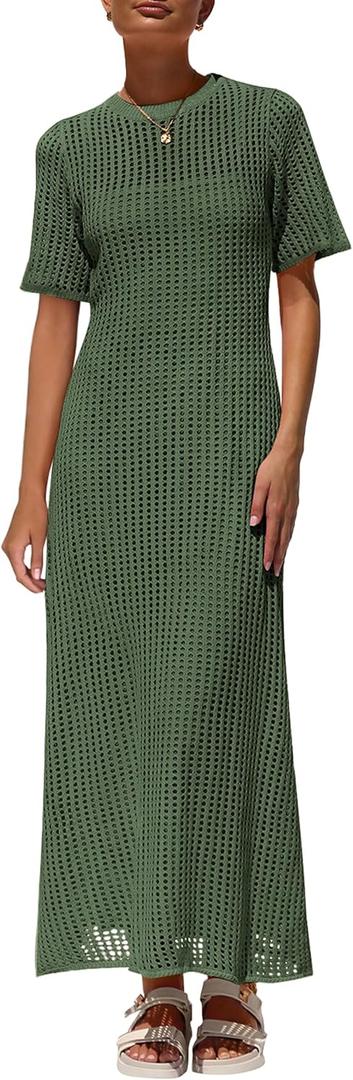 PRETTYGARDEN Womens Eyelet Cover Up Dress 2026 Summer Vacation Resort Maxi Dresses Beach Short Sleeve Hollow Out Sundress (Green, M)