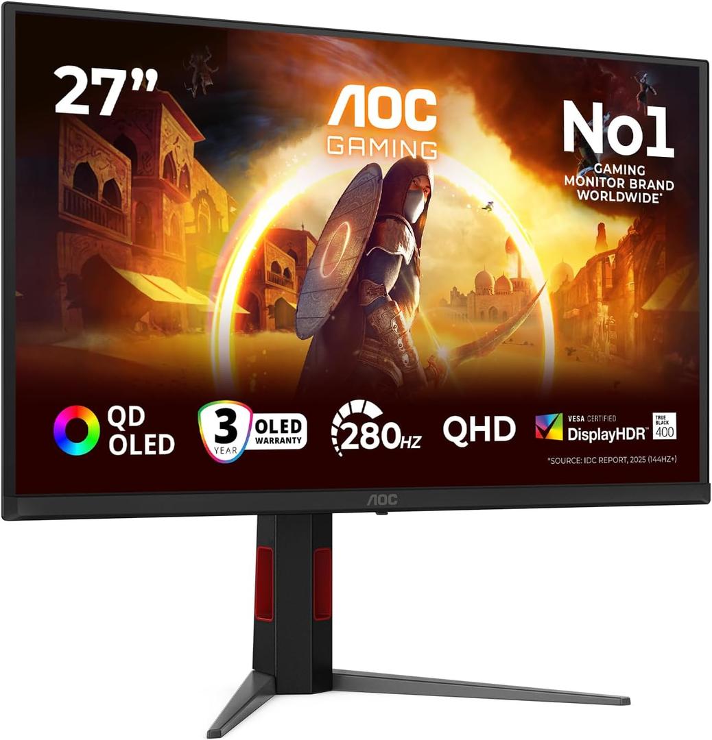 AOC Q27G4ZD 27 inch WQHD Gaming Monitor 280Hz, QD-OLED Panel, 0.03ms GtG, HDR400 TrueBlack, G-Sync Compatible, Height Adjustment, (2560x1440 HDMI 2x 2.1 DP 1x 1.4 USB Hub) Black