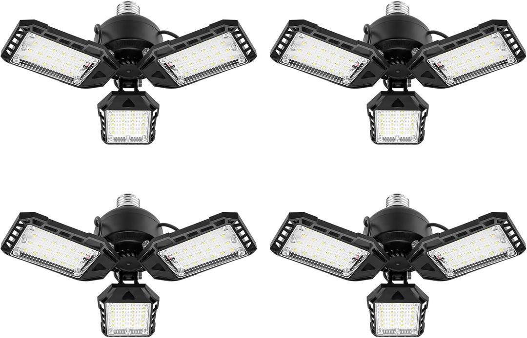 Aoretic LED Garage Lights Bulb 4 Pack -80W, 8000LM 6500K Led Shop Light with 3 Deformable Panels, Basement Barn Light Garage Ceiling Lights, E26/E27 for Garage, Warehouse, Shop, Basement
