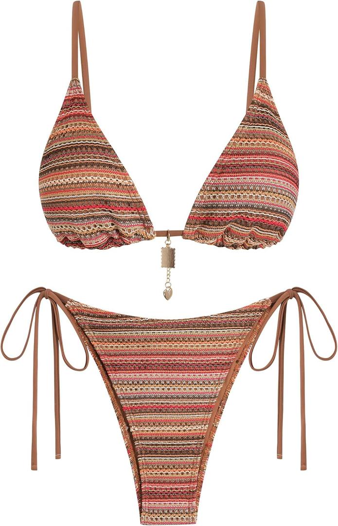 ZAFUL Bikini Sets for Women Crochet Swimsuits Striped Triangle Knit Cheeky Bikini Two Piece Swimwear Side Tie Bathing Suits (Small, A-pink Brown)