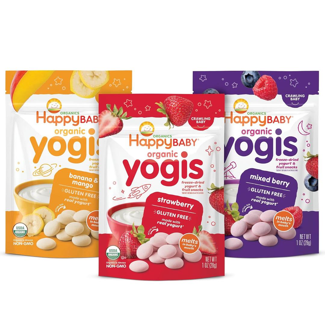 Happy Baby Organics Yogis Freeze-Dried Yogurt & Fruit Snacks, 3 Flavor Variety Pack, 1 Ounce (Pack of 3), Best By 15 July 2026