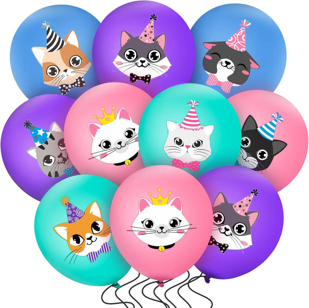 40 Pcs Cat Birthday Party Latex Balloons, Cute Cartoon Kitten Print Balloons Cat Party Decorations Animal Pet Birthday Supplies Favors for Decor, Blue Pink Purple and Green