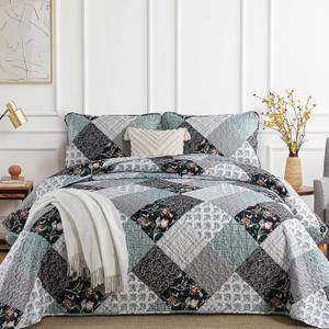 Xruibed Floral Plaid Patchwork Quilt Set Queen Size 3 Pieces Blue Gray Bedspread Set Reversible Quilt Bedding Set Microfiber Bedding Bedspread Coverlet Set for All Season(Queen 96"x90")