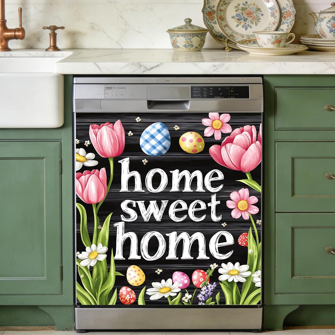 Dishwasher Magnet Cover 23" x 25.6", Independence Day Magnetic Door Wrap, Reusable Fridge Appliance Decor Sticker for Kitchen (Chalkboard Style, Tulip dcor, 23" W x 26" H)