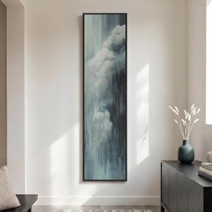 Framed Long Narrow Blue Cloud Abstract Modern Vertical Wall Art, 14x56 Inch