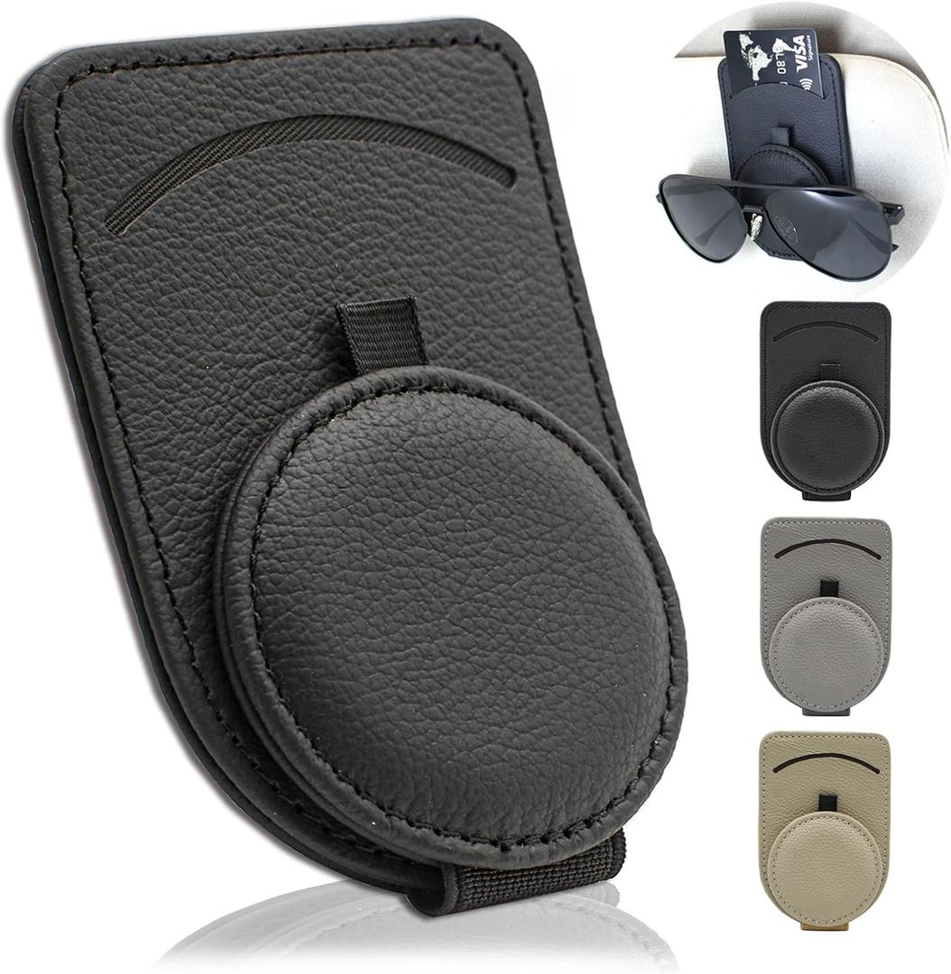 Sunglass Holder for Car Visor, Magnet Adsorbed Sunglasses Holder for Car Accessories Parts, Leather Car Sunglass Holder, Car Visor Sunglasses Clip for Glasses Cards (1PCS, Black)