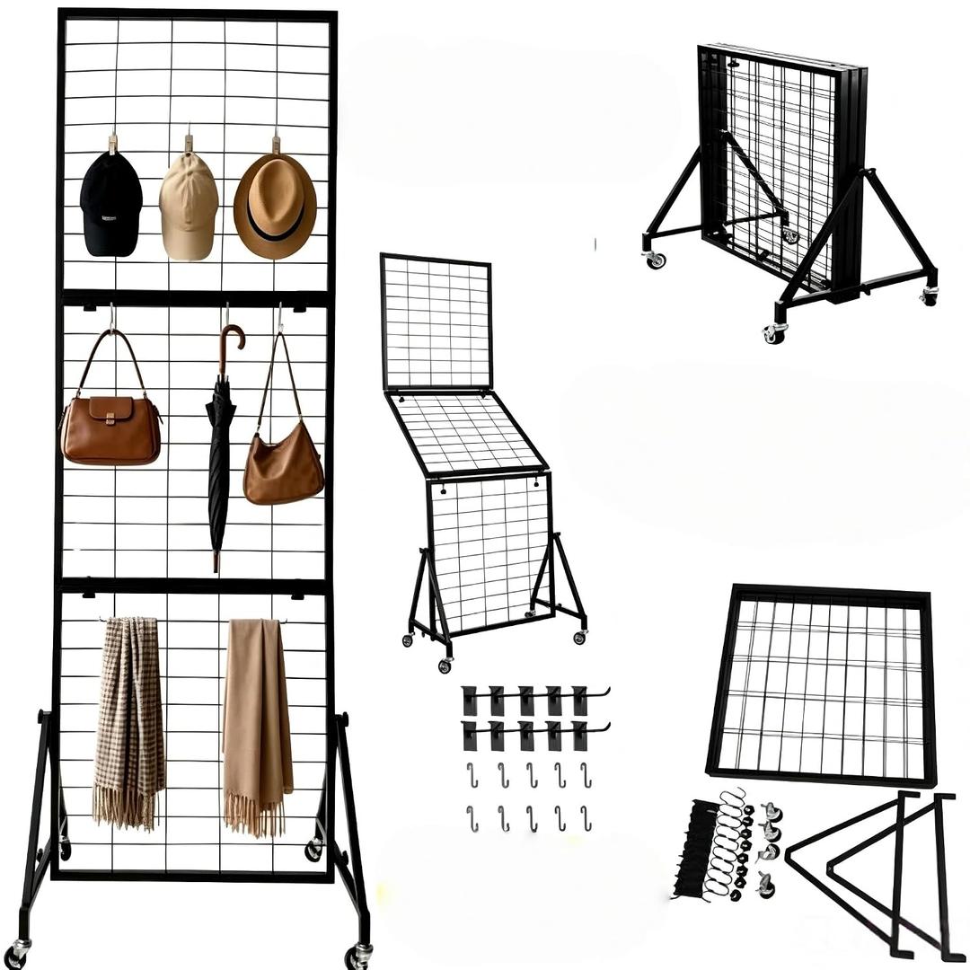 Foldable Grid Wall, Easy to Install Without Tools, Suitable for Supplier Retail, Art and Craft Display Scenarios. A Metal Grid Display Stand with Wheels and 20 Hooks, Measuring 6 Feet x 2 Feet.
