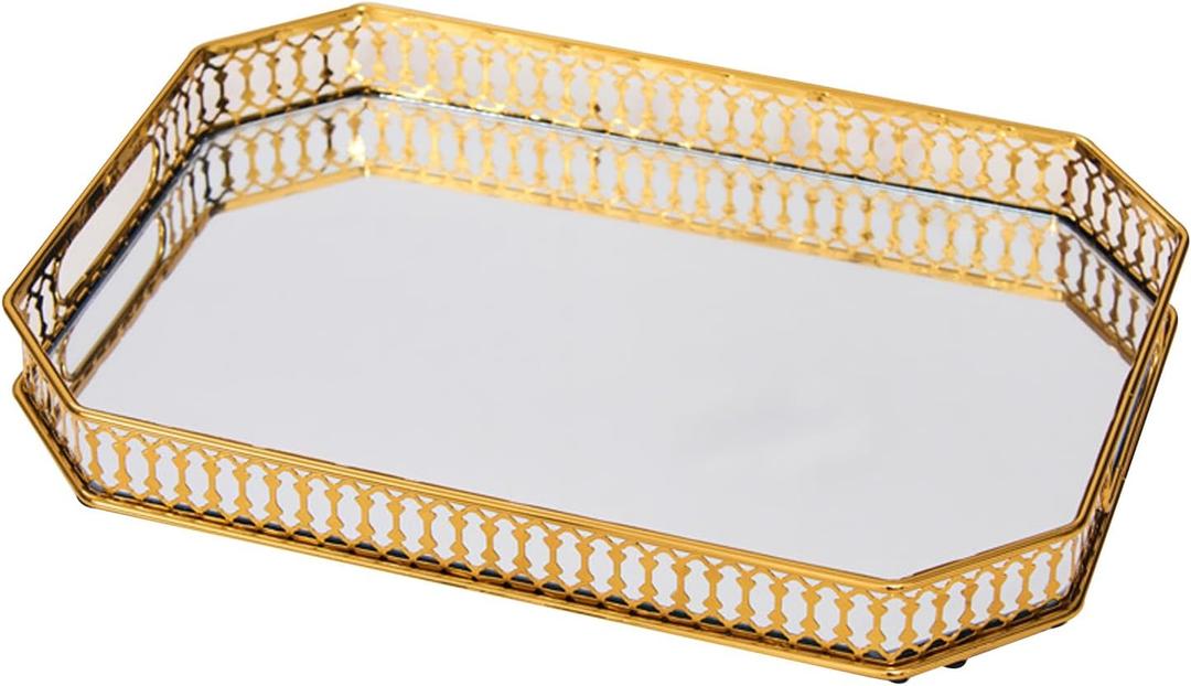 Vintage Gold Mirror Tray, Modern Luxury Perfume Decorative Tray with Hollow Design, Elegant Glass Display Storage Organizer, Rectangle 7.1"x11.4", for Coffee Table, Entryway, Bathroom
