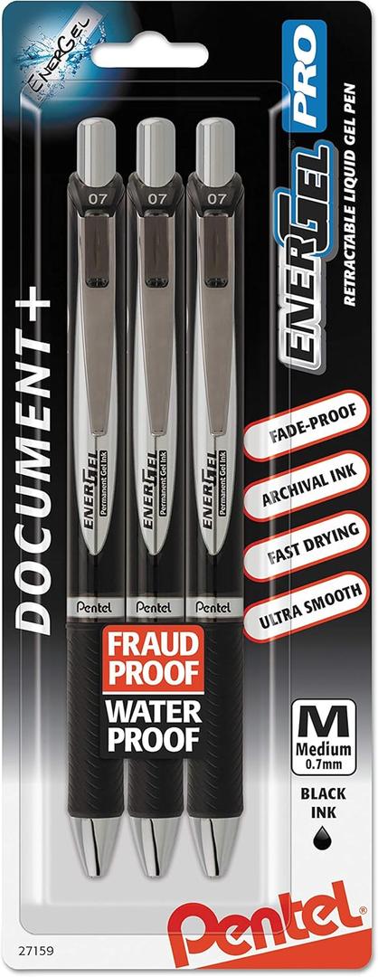 Pentel EnerGel Permanent Gel Ink Rollerball Pen, Black, 3 Pack (BLP77BP3A)