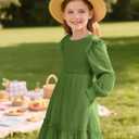 Cubear Girls Fall Dress Tie Back Long Sleeve Ruffle Square Neck A Line Swing Casual Dresses, 5-14 Years Old (Green)