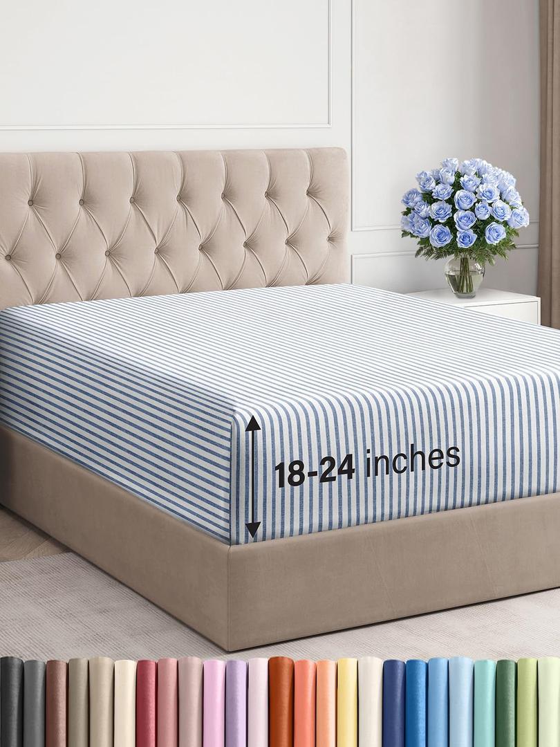 Extra Deep Queen Fitted Sheet - Hotel Luxury Single Fitted Sheet Only - Easily Fits 18 inch to 24 inch Mattress - Ultra Soft, Wrinkle Free with Extra Deep Pockets - Breathable & Comfy - Blue Stripes