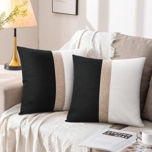 Farmhouse Throw Pillow Cover 20x20 Inch, Boho Accent Square Throw Pillow Covers Set of 2, Decorative Black and White Throw Pillow Covers for Couch Bed Sofa Living Room Bedroom Aesthetic (No Inserts)