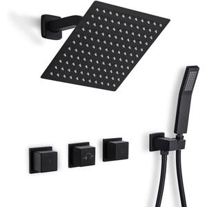 3 Handles Tub Shower Faucet Matte Black Shower System Set with High Flow Rain Shower Head and Handheld Spray Combo, Wall Mount Shower Trim Kit with Valve