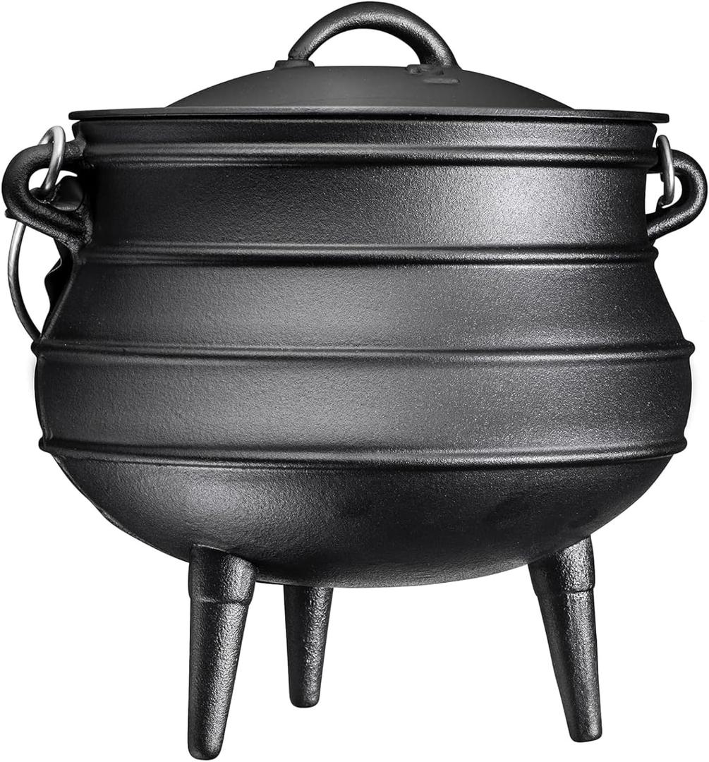 Bruntmor 12 Quart Cast Iron Dutch Oven Cauldron Pot - Camping Cookware with Lid - Pre-Seasoned Heavy-Duty Potjie for Stews, Soups, Braising, and Frying Over Fire Pit Grill or Camp Stove - Black