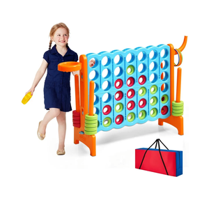 HONEY JOY Jumbo 4-to-Score Giant Game Set, 3-in-1 Indoor Outdoor Family Yard Game Set w/Basketball Hoop & Ring Toss, 42 Jumbo Rings, Quick-Release Slider, Giant 4-in-A-Row for Kids & Adults