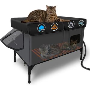 Heated Cat House for Outside Insulated in Winter,Super Large,Fully Waterproof,Adjustable Awning,Escape Door,Indoor Outdoor Cat Shelter for Feral Stray Barn Cat to Stay Warm&Dry,Black/Gray,L Size
