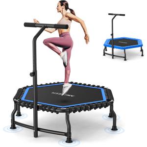 ANCHEER Trampoline, 50'' Rebounder Trampoline for Adult with Bar, Indoor Mini Trampoline, 550LBS Fitness Trampoline with Bungee, Jumping Cardio Equipment, Exercise Trampoline at Home Gym (Blue)