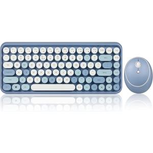 Perixx PERIDUO-713BL Wireless Mini Keyboard and Mouse Combo - Retro Round Key Caps - Pastel Blue - US English Layout (11909)