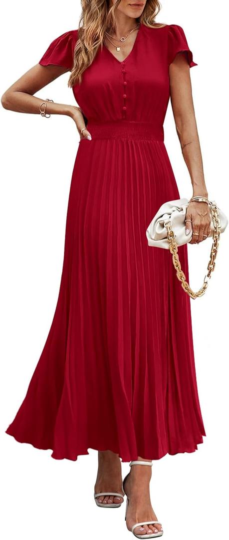 PRETTYGARDEN Women's Summer Maxi Dresses 2026 Trendy Casual Button V Neck Ruffle Cap Sleeve Long Flowy Spring Pleated Dress (S)