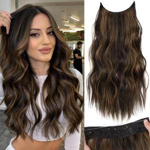 KooKaStyle Invisible Wire Hair Extensions with Transparent Headband Adjustable Size 4 Secure Clips Long Wavy Highlight Hairpiece 20 Inch H2/426alayage Dark Brown to Chestnut for Women