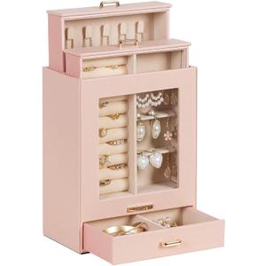Homde Jewelry Organizer Girls Women Jewelry Box for Necklaces Rings Earrings Gift Bracelets Storage Case (Peach Pink + Gold)