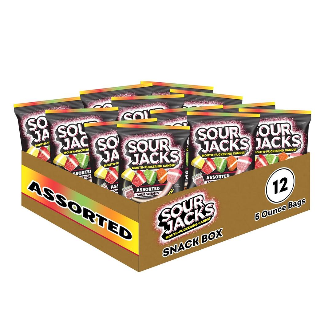 SOUR JACKS, Sour Gummy Candy, Assorted Fruits Candy, 12 Pack of 5oz Bags, Fat Free, Gluten Free