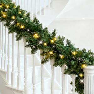 Prelit Christmas Garland with Lights, Artificial Christmas Garland for Stairs Railing, Lighted Battery Operated Christmas Garland with Timer, Greenery Xmas Garlands for Mantle (1-Pack 8.9FT)