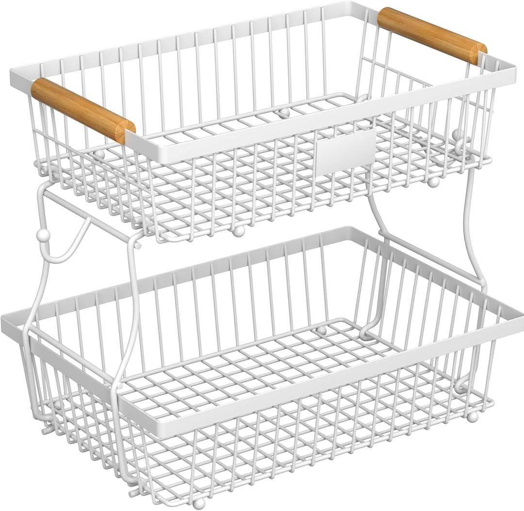 2 Tier Fruit Basket for Kitchen Counter with 2 Banana Hangers, Countertop Metal Bread Basket with Wooden Handle, Large Storage Stand for Vegetables, Snacks, Eggs, Produce Storage  White