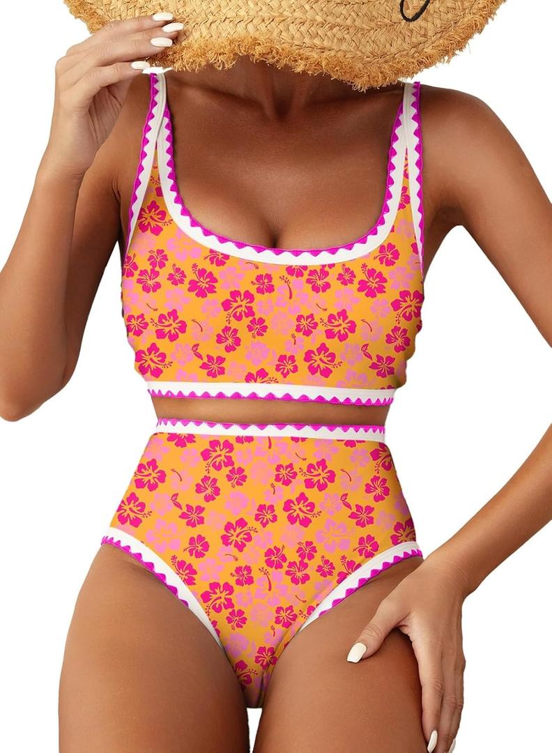 Herseas Women's Bikini Sets Floral Print Whip Stitch 2 Piece Swimsuits High Waisted Scoop Bathing Suits (Large)