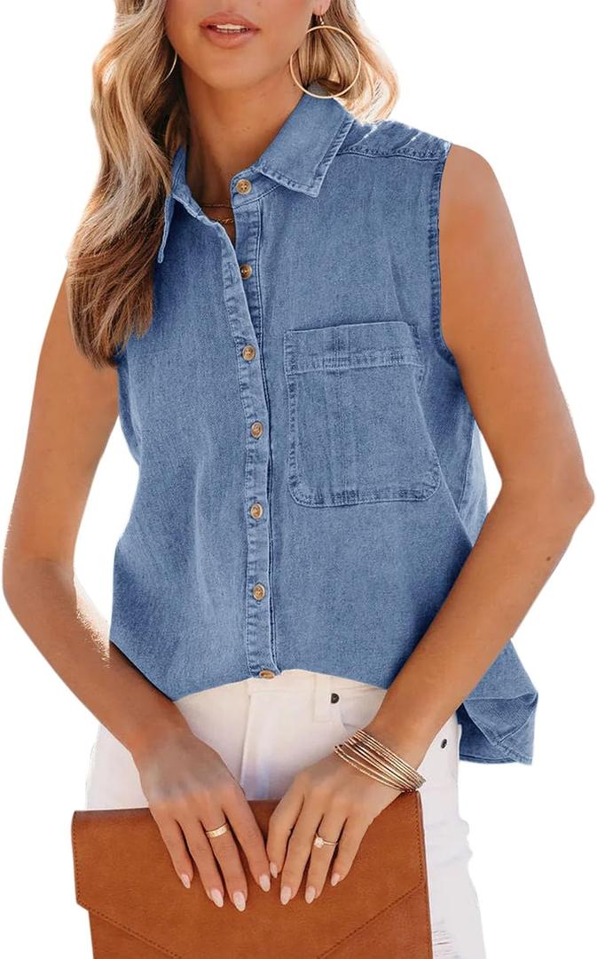 Orchidays Women's Denim Tank Top V Neck Button Down Collared Sleeveless Shirts Casual Blouse Tops, small