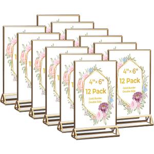 12 Pack Acrylic Sign Holder 4x6 Gold Frames, Wedding Table Number Holders Double Sided Vertical Clear Display Stand, Picture Holders for Tables, Menus, Flyers, Party and Office Decor