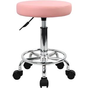 KKTONER PU Leather Round Rolling Stool with Foot Rest Swivel Height Adjustment Spa Drafting Salon Tattoo Work Office Massage Stools Task Chair (Pink)
