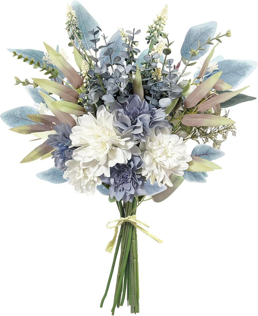 Artificial Flowers Bouquet, Silk Flowers Blue Fake Flowers Arrangement Faux Flowers for Home Decor, Vase Arrangement, Wedding Bouquets, Table Centerpieces Decor (Blue White No Vase)