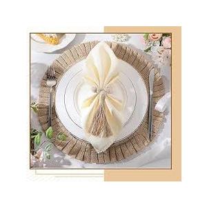 Gejoy 18 Pcs Round Burlap Placemats Wood Bead Napkin Rings with Dinner Napkins Cloth, Jute Heat Resistant Placemats Boho Wooden Rings for Plates Wedding Dining Table