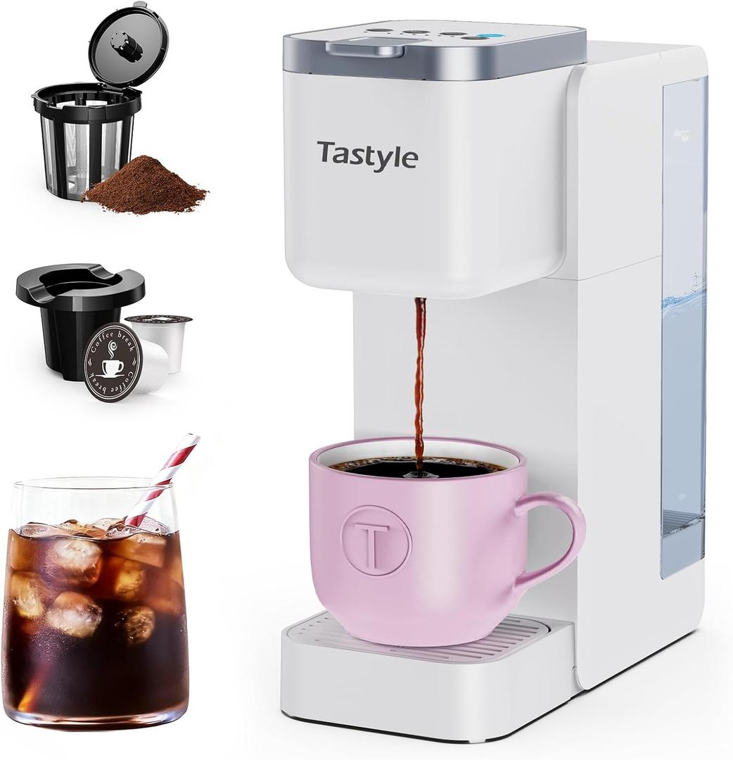 Tastyle Single Serve Coffee Maker, Iced and Hot Coffee Machine for K Cup & Grounds, Compact Design, 40oz Removable Water Reservoir, 6 to 24 Oz Brew Sizes, Fits 7.3" Travel Mug, White