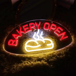 JFLLamp BAKERY OPEN Neon Signs for Wall Decor Neon Lights for Bedroom Led Business Signs Suitable for Bakery Cake Shop Restaurants Canteen Christmas 5V Power Adapter, 15.7 * 8.6 Inch(Red + White)