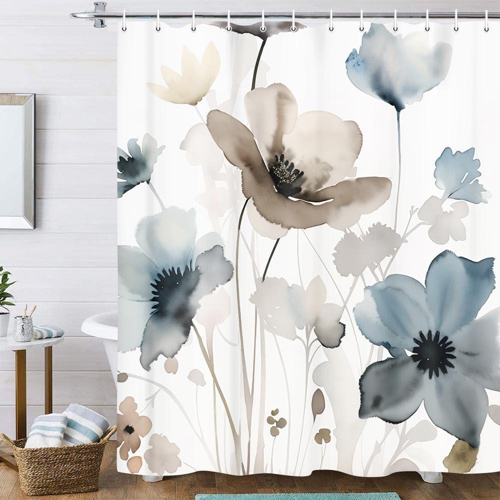 Torich Boho Floral Shower Curtain for Bathroom, Watercolor Ink Flower Plant Leaf Bath Curtains, Nature Scenery Romantic Waterproof Shower Curtain Sets 69x72 with Hooks