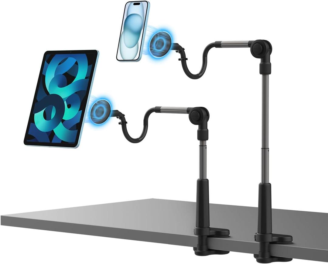 EZpod Magnetic Tablet & Cell Phone Holder Mount for Bedstand | Desktop Compatible with MagSafe for iPhone 16 15 14 13 Pro Max Mini with 360 Rotation and Flexible Gooseneck Tabletop Clamp Stand