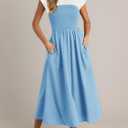 Wenrine Womens Casual Summer Midi Dress Smocked Cap Sleeve Crew Neck Color Block A Line Flowy Beach Dresses (Sky Blue)