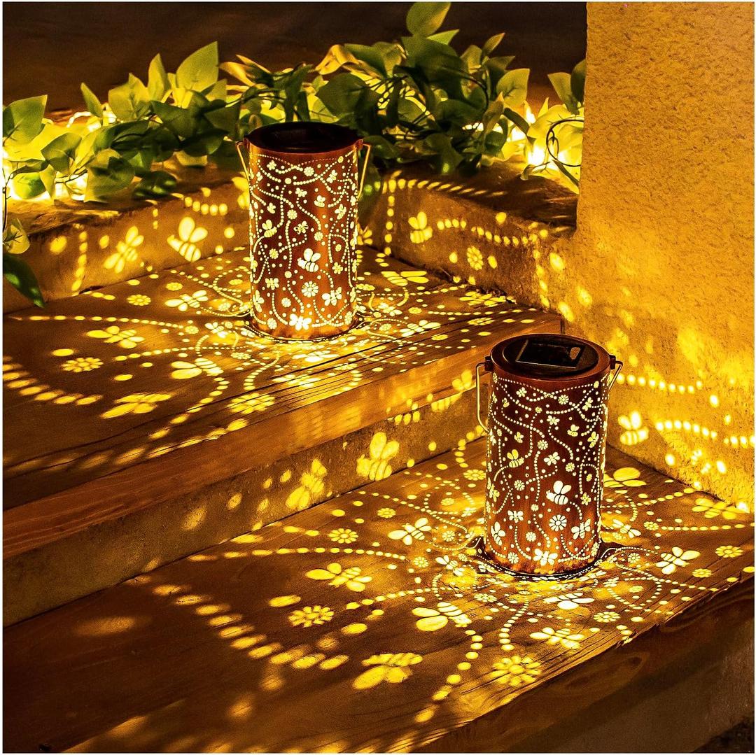2 Pack Bee Solar Lanterns Outdoor Waterproof Hanging Solar Lights Bee Gifts for Women Men Metal Decorative LED Bee Lanterns for Garden Decor,Yard,Patio,Lawn,Tabletop,Pathway,Landscape