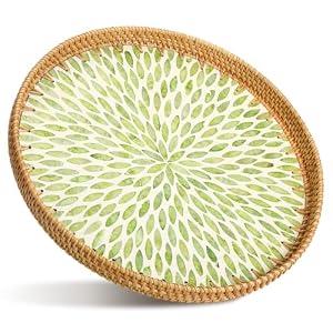 Tiangrid 16 inch Round Rattan Tray with Mother of Pearl Inlay Wicker Serving Tray with Wooden Base Boho Decorative Wicker Basket for Table Decor Bathroom Candle Perfume (Green Leaf)