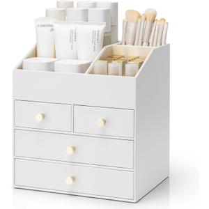 Vlando Makeup Organizer Countertop,Large Vanity Organizer PU Leather Make up Storage with 4 Drawers Skin care Organizer Cosmetic Display Case for Lipstick,Brushes,Bedroom-White