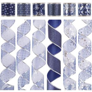 AIMUDI Navy Blue Christmas Ribbon 2.5" Navy and Silver Organza Wired Ribbon for Christmas Trees, Garlands, Wreaths, Gift Wrapping, Crafts, Holiday Crafts, Topper Bow, 6 Rolls 36 Yards