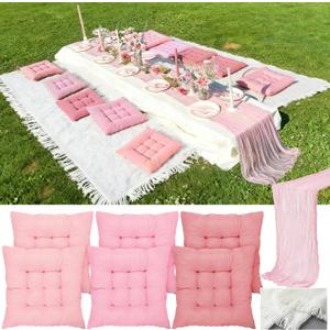 Extra Large Outdoor Picnic Blanket with Table Runner and Floor Pillow Cushion for Picnic Wedding Birthday Baby Shower Backyard (91 x 71'',Pink,6-Person)