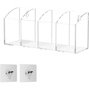 Acrylic Pen Holder Organizer 4 Compartments, Clear Makeup Brush Holder, No Drill Wall Mounting Pencil Holder for Office Accessories