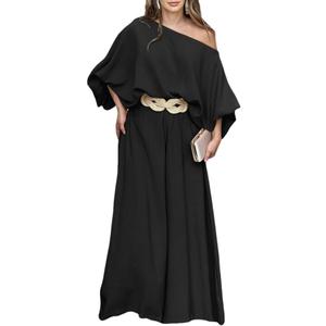 CHICME Women Summer 2 Piece Outfits Off Shoulder Top Flowy Wide Leg Pants Set Vacation Travel Airport Outfits (Black, S)