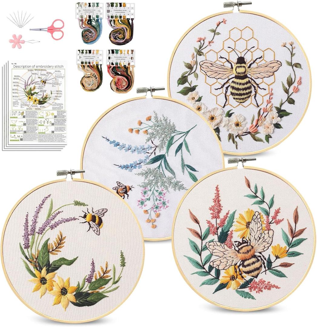 Santune 4 Pack Embroidery Kit for Beginners, Needlepoint Cross Stitch Kits for Adults, Needle Point Sets with Bee Flower Pattern Stitch Video Tutorial