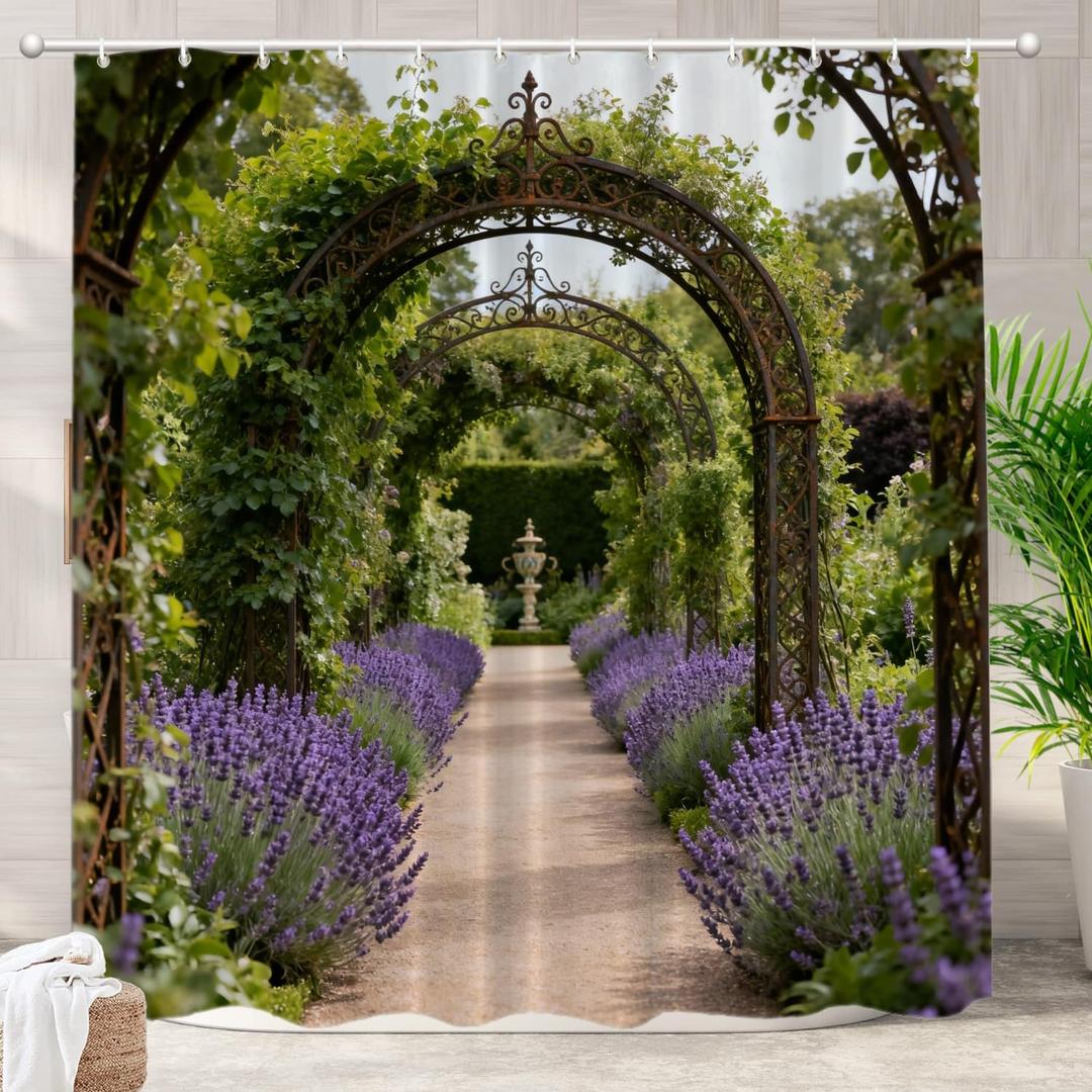 Batmerry European Flowers Scenery Garden Decoration Shower Curtain, Colourful English Summer Garden Path Arch Decor Shower Curtain for Shower Stall Bathroom Waterproof of Standard Size 72x72 Inch
