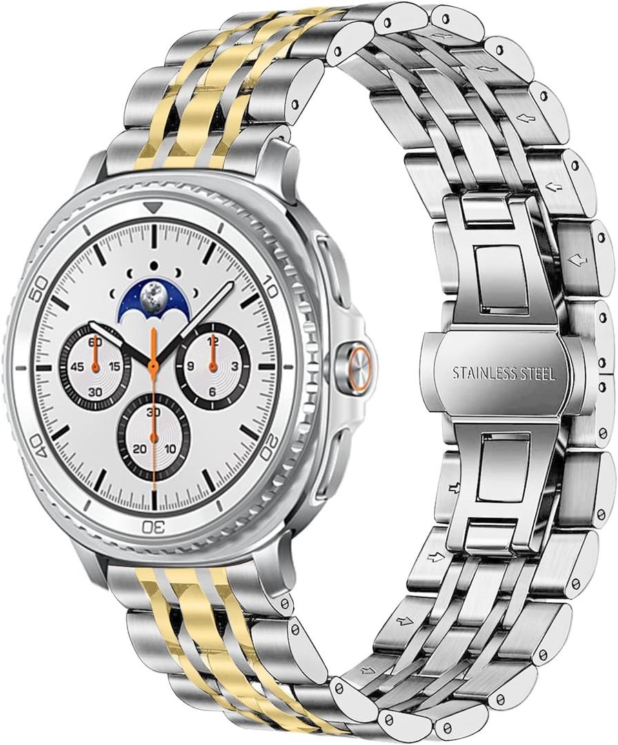 Stainless Steel Men Bands Compatible with Samsung Galaxy Watch 8 40mm 44mm Classic 46mm Replacement Metal Replacement Wristbands (Silver + Gold)